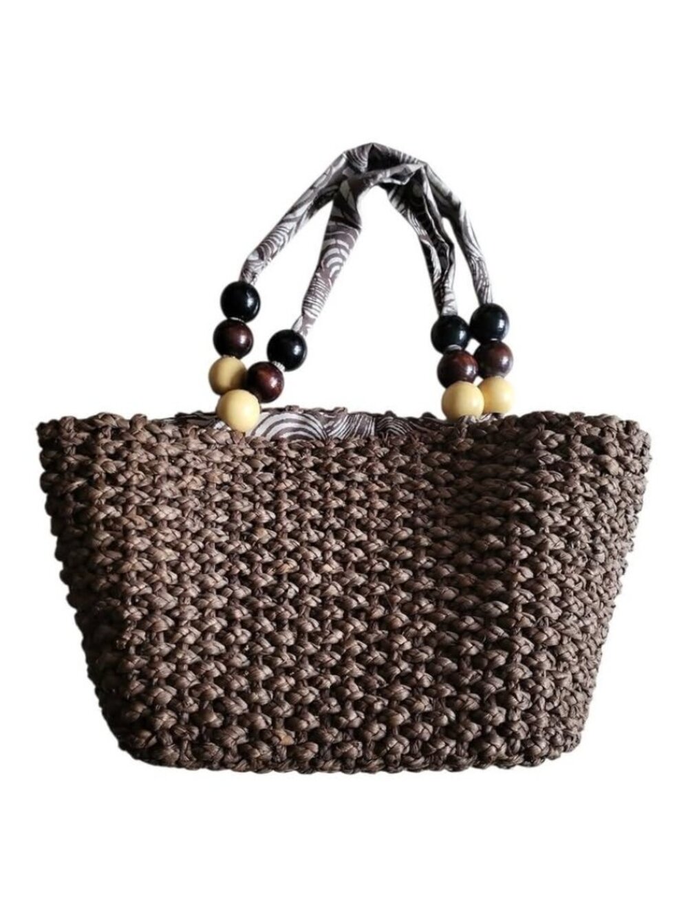 Natural Straw Woven Tote Bag Beach Bag Travel Bag with Wooden Beads Brown